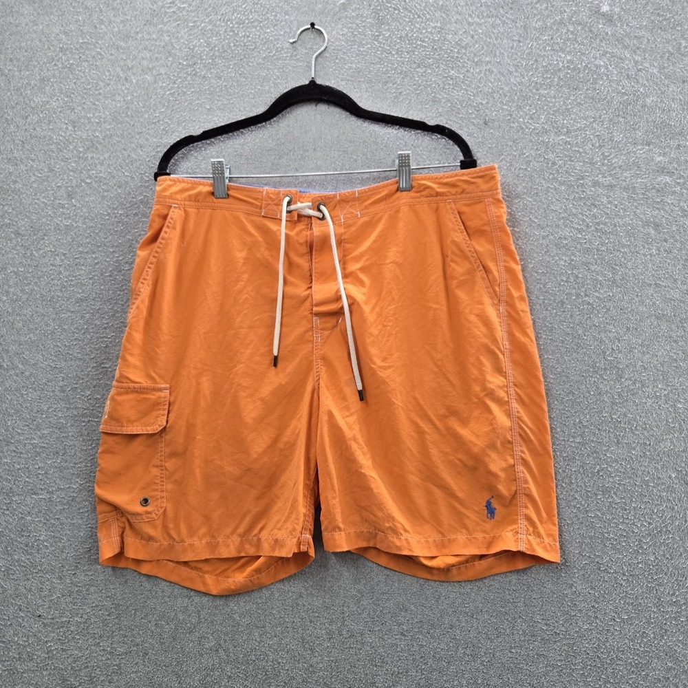 VINTAGE Polo Ralph Lauren Men Swimwear 34 Orange Embroidered Swim Trunks Logo